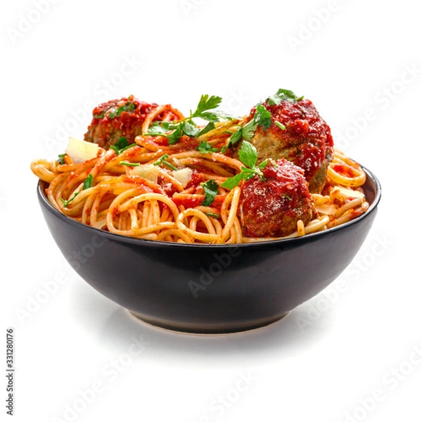 Obraz Pasta with meatballs, parmesan and tomato sauce in a clay bowl. Homemade Italian spaghetti isolated on white background.