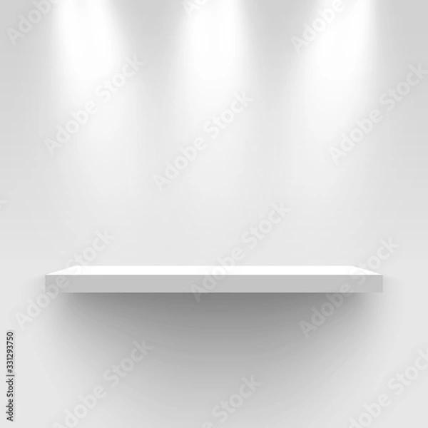 Fototapeta White exhibition stand, illuminated by spotlights. Pedestal. Rectangular shelf. Vector illustration.