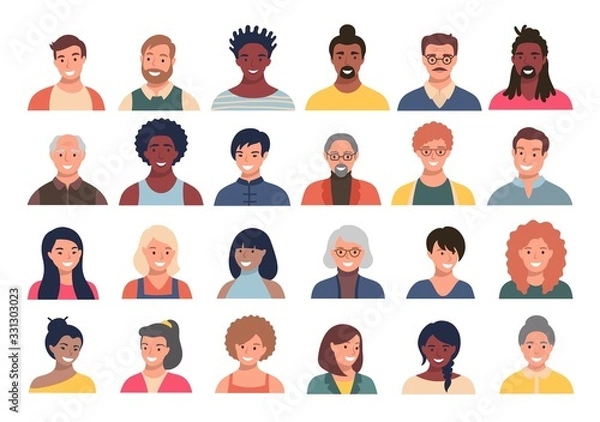 Fototapeta Set of persons, avatars, people heads of different ethnicity and age in flat style. Multi nationality social networks people faces collection.