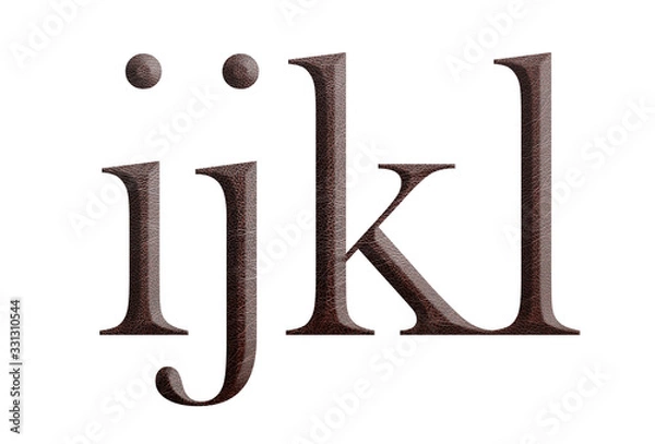 Fototapeta The font english alphabet of brown leather. Lettes "ijkl" from a brown leather isolated on a white background.