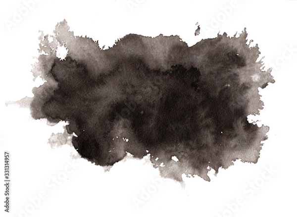 Fototapeta Abstract expressive textured black ink or watercolor stain. Monochrome gradient dynamic isolated inky horizontal blob, dark thunderous cloud concept for texture, black friday banner design, background