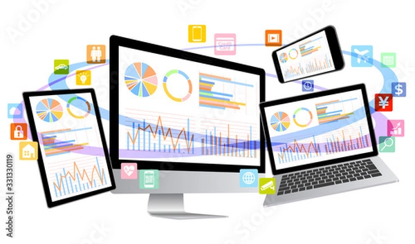 Fototapeta ノートパソコンとスマホとデジタルネットワーク・グラフ資料-3D立体白色背景