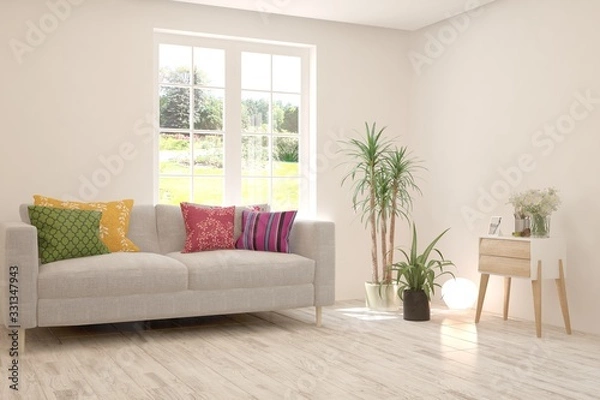 Fototapeta Minimalist living room in white color with sofa and summer landscape in window. Scandinavian interior design. 3D illustration