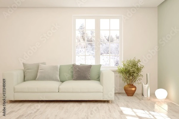 Fototapeta Modern living room in white color with sofa and winter landscape in window. Scandinavian interior design. 3D illustration