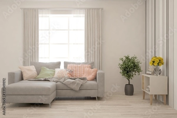 Fototapeta Modern living room in white color with sofa. Scandinavian interior design. 3D illustration