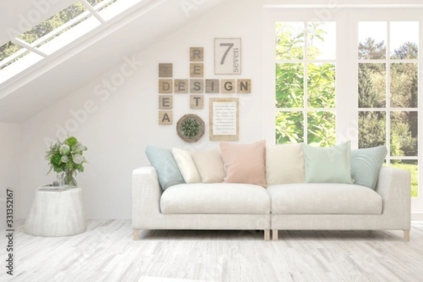 Fototapeta White living room with sofa and summer landscape in window. Scandinavian interior design. 3D illustration