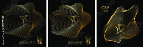 Obraz Vector abstract graphics of gold lines and shapes on a black background in the form of a star , for social networks, postcards, banners, discounts, covers, screensavers, discount cards, awards, prizes