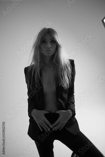 Obraz Studio black and white photo model girl in men suit