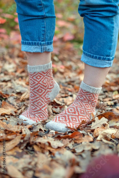 Fototapeta Handmade knitted socks on the background of leaves
