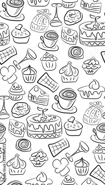 Obraz Sweet doodle pattern with cupcakes, cakes, candies and cones. hand drawn seamless pattern.