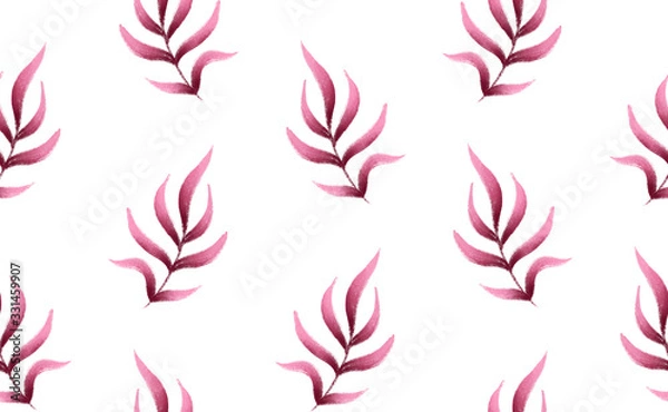 Fototapeta Pink fern leaves gouache painted seamless pattern for spring and summer