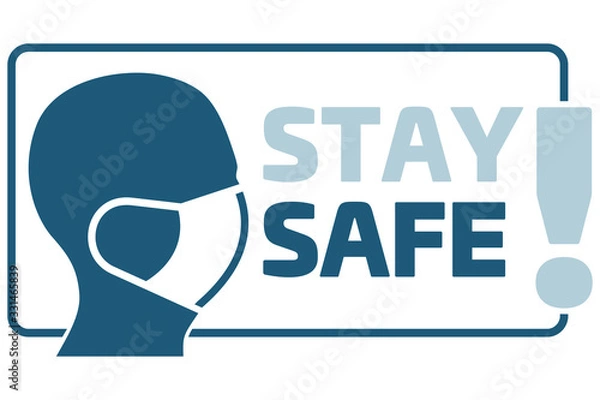 Fototapeta STAY SAFE! sign. Man face in profile with mask icon vector isolated on white background. Breathing mask on face flat vector. Head in profile.