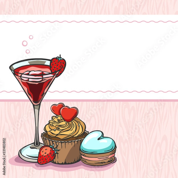 Obraz Greeting template with cocktail, cupcake and macaron. Valentine's day design.