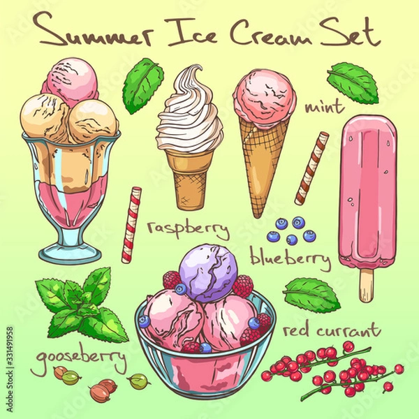 Obraz Summer ice cream set with mint and berries isolated on background.