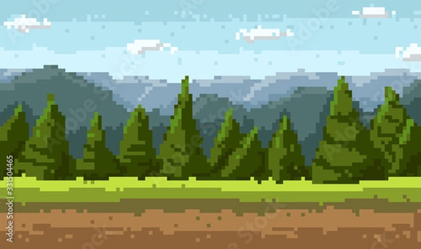 Fototapeta Pixel art style landscape with pine trees or Christmas trees. Blue sky, mounts, forest.