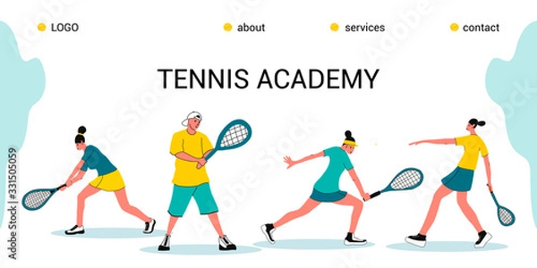 Fototapeta tennis Academy, summer tennis camp.the concept of Junior sports training.Site template for the Home page or app.Girls with rackets and a ball in different poses.flat design vector illustration.