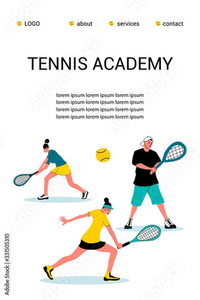 Fototapeta tennis Academy, summer tennis camp.the concept of Junior sports training.Site template for the Home page or app.Girlswith rackets and a ball.flat design vector illustration.