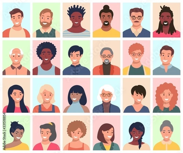 Fototapeta Set of persons, avatars, people heads of different ethnicity and age in flat style. Multi nationality social networks people faces collection.