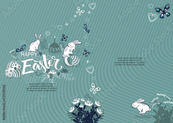 Fototapeta Handdrown Easter background with eggs, rabbit and flowers.