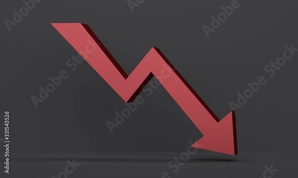 Fototapeta Black studio background with overhead lighting and a red arrow. Business concept of economic crisis. 3d rendering