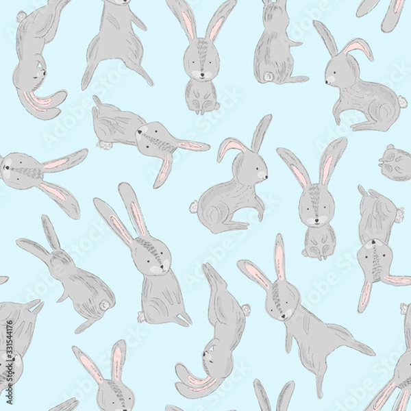 Fototapeta Tender blue baby seamless pattern with jumping, sitting, sleeping gray Easter rabbits with pink ears. Hand drawn sketch hare illustration for kids textile design, wrapping paper, surface, background