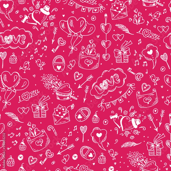 Fototapeta Love symbols Seamless pattern. Hand drawn doodles Vector illustration. Happy Valentine's day.