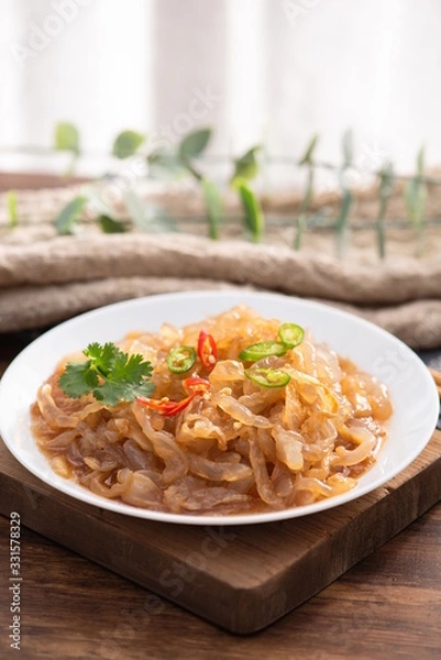 Fototapeta Pickled with jellyfish, the spicy pickle tastes crispy. It's a delicacy in Asia and the East. It's very popular in Korea and Japan