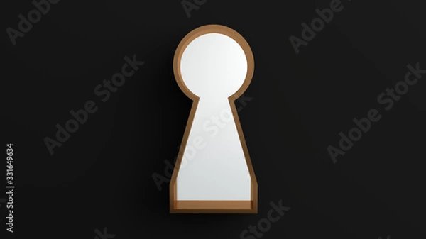 Fototapeta The golden keyhole window overlooks the White blank space on Black wall. Concepts of ​​a blank white space in golden keyhole. Isolated on Black background, Minimalist Black, illustration, 3D rendering