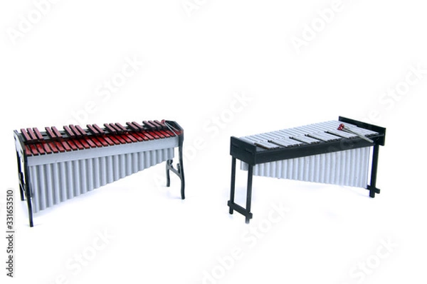 Obraz vibraphone and xylophone and drumsticks isolated on white background flay lay