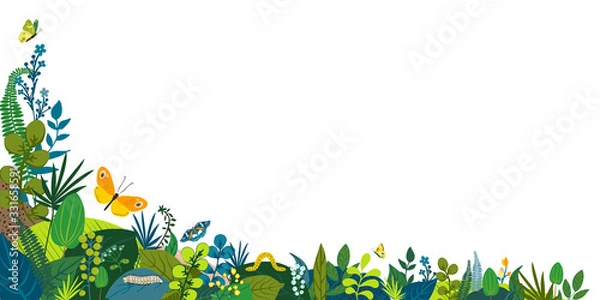Obraz Beautiful floral background, corner frame. Green leaves, colorful flowers, caterpillar and butterflies. Spring, summer corner for social network, invitation, wedding, birthday. Vector illustration.