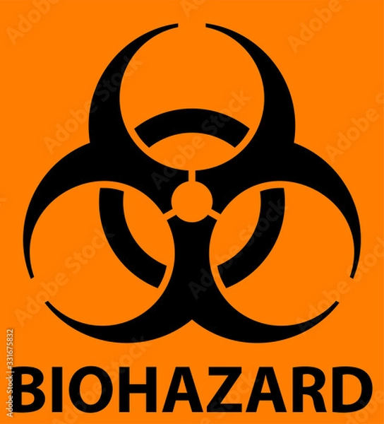 Fototapeta Biohazard symbol with warning text isolated on orange background. Vector EPS10 file