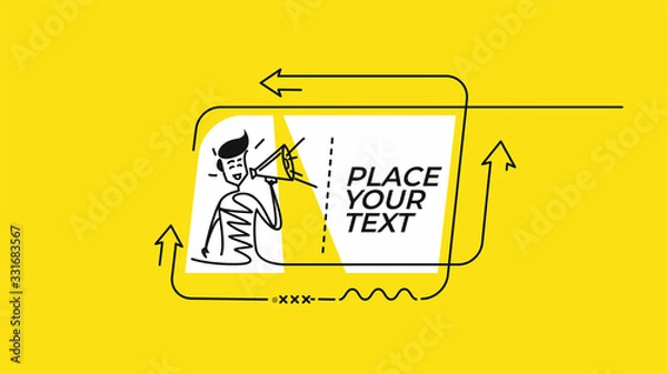 Fototapeta Flat linear promotion geometric shapes Man hand holding megaphone concept of business announcement banner, scroll,  sticker, badge, price tag, poster.