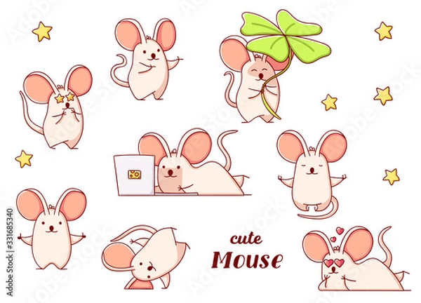 Obraz Set cute kawaii hand drawn mouse doodles, isolated on white background, clipart