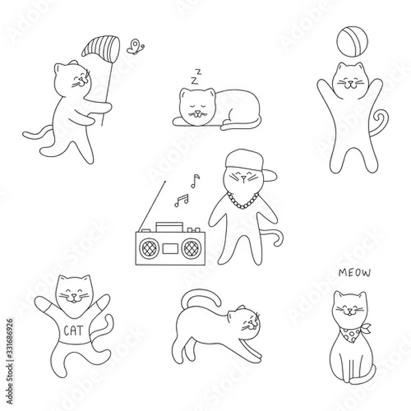 Fototapeta Hand-drawn funny cats on a white background. Cat and net,  sleeping, playing ball, cat rapper, meowing, stretching, happy cat. Vector illustration.