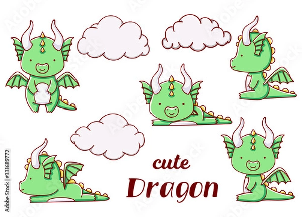 Obraz Set cute kawaii hand drawn green dragon doodles, isolated on white background, clipart