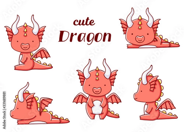 Obraz Set cute kawaii hand drawn red dragon doodles, isolated on white background, clipart
