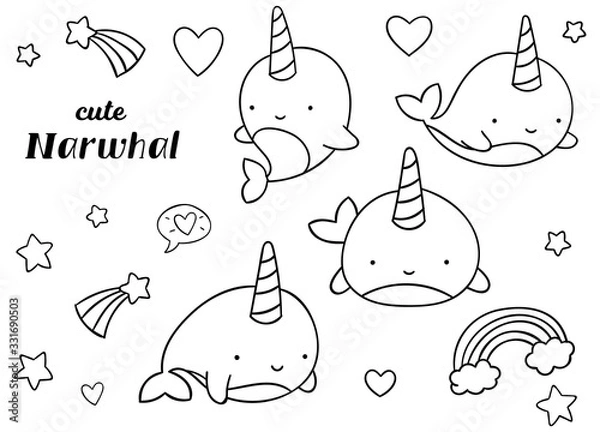 Obraz Coloring pages, black and white, set cute kawaii hand drawn narwhal doodles