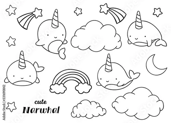 Obraz Coloring pages, black and white, set cute kawaii hand drawn narwhal doodles