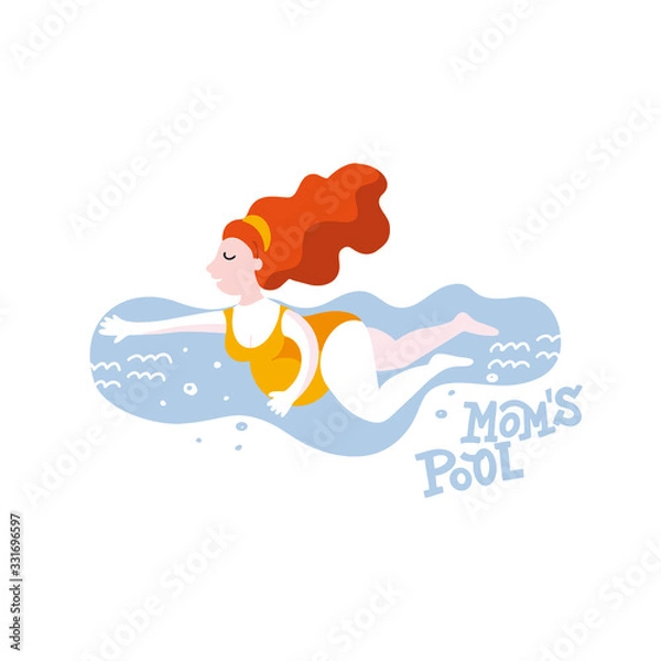 Obraz Vector colorful flat illustration of a pregnant woman. Girl is swimming in a pool. Lettering Mom's Pool. Identity concept for pregnancy clinics, courses, postcards. Hand drawn graphics design template