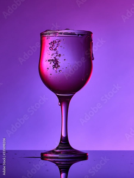 Fototapeta Different glass goblets on a and purple background. Beautiful still life