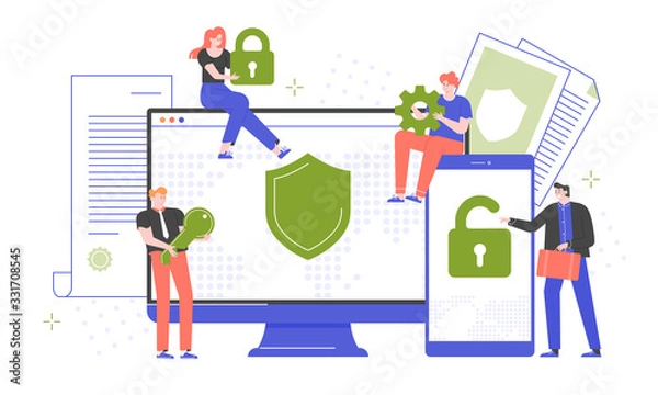 Obraz Cybersecurity, secure passwords and site registration. Computer and smartphone protection by antivirus software. People with a lock, key, gear. Devices screens. Vector flat.