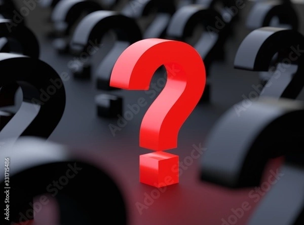 Fototapeta Question mark between other questions. FAQ conceptual design 3D render with focus depth of field