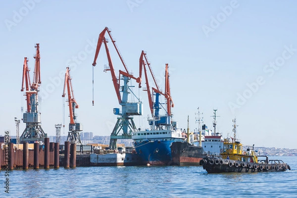 Fototapeta Large port cranes against a blue sky. Close-up of the construction elements of the crane.