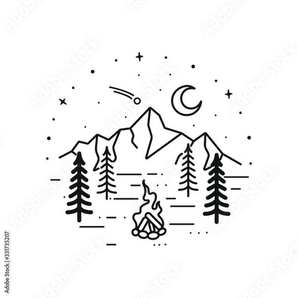 Obraz mountain line art with emblems. Summer vector illustrations. Design for t-shirt, stamp, label, logo, etc. isolated vector graphic.