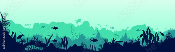 Fototapeta Silhouette of fish and algae on a reef background. Parmarma ocean scene. Deep blue water, coral reef and underwater plants. vector landscape with a ree
