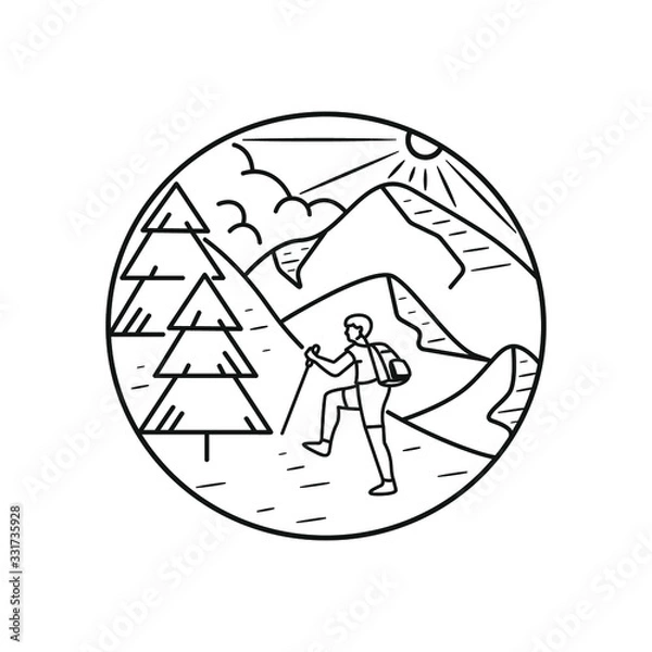 Fototapeta mountain line art with emblems. Summer vector illustrations. Design for t-shirt, stamp, label, logo, etc. isolated vector graphic.