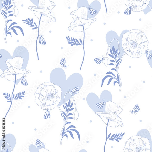 Fototapeta Seamless Vector Floral Pattern with beautiful flowers, butterflies and hearts for decoration, print, textile, stationery, fabric.
