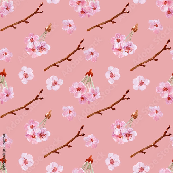 Fototapeta Watercolor background drawing with branches and cherry blossoms
