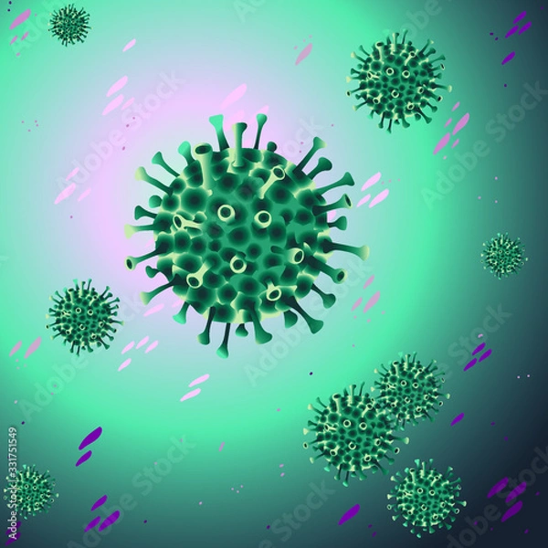 Obraz Vector graphics. Illustration. China pathogen respiratory coronavirus  flu outbreak Microscopic view of floating influenza virus cells. Dangerous  virus,  pandemic risk.