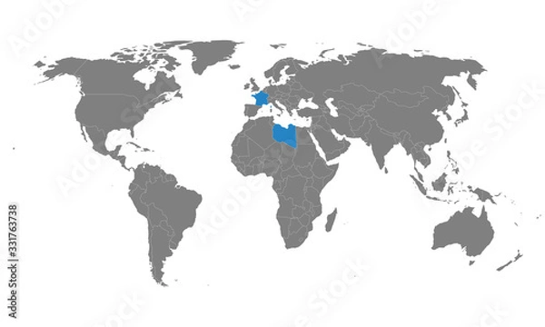 Fototapeta France, Libya countries highlighted on world map. Business concepts, Economic, trade relations.
